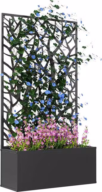 Outsunny Black Metal Garden Bed with Privacy Screen, Wall Mounted or Freestanding Raised Planter for Climbing Plants, Flowers and Vegetables, W/D/H: 58 x 24 x 23 cm
