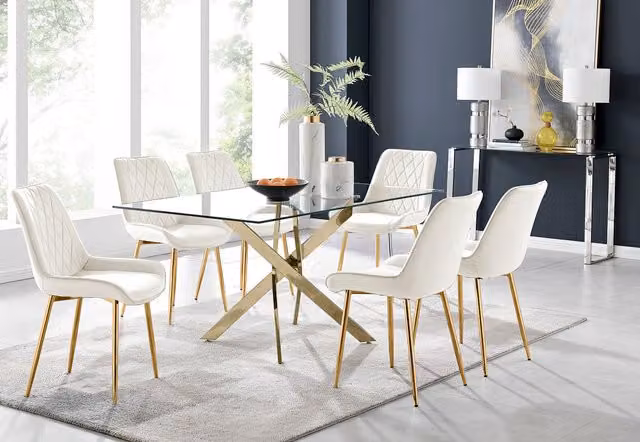 FurnitureboxUK Leonardo Gold Dining Table with Six Pesaro Gold Leg Chairs, Cream and Beige, W: 150 cm, D: 90 cm, H: 75 cm