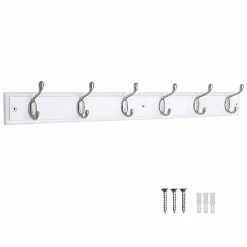Keypak White Wooden Wall Mounted Coat Rack with 6 Satin Nickel Hooks