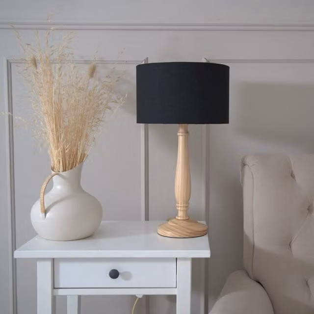 ValueLights Victoria Classic Wood Table Lamp with Black Fabric Drum Shade
