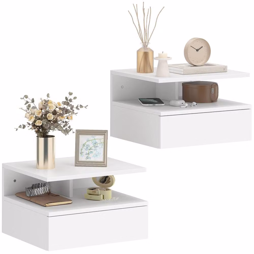 HOMCOM Set of 2 Modern Wall Mounted Nightstands in White – 2