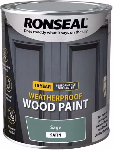 Ronseal 10 Year Weatherproof Opaque Wood Paint in Green Satin Gloss, 0.75 l