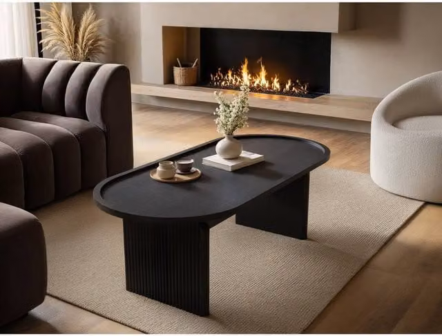 Solace+Co Varm Ribbed Oval Coffee Table in Black, W: 60 cm, D: 60 cm, H: 38 cm