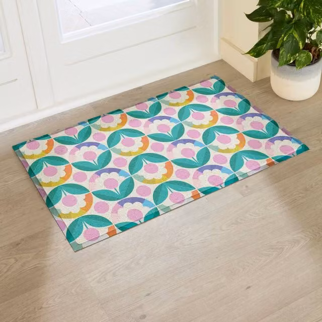 Artsy Mats Elizabeth Olwen Petal Pink Dots Indoor/Outdoor Doormat in Cream and Pink, W/D: 90 x 60 cm