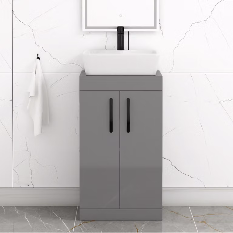 Royal Bathrooms Cube 500mm Floor Standing 2 Door Vanity Unit with Countertop Basin in Indigo Grey Gloss and Matt Black Handles
