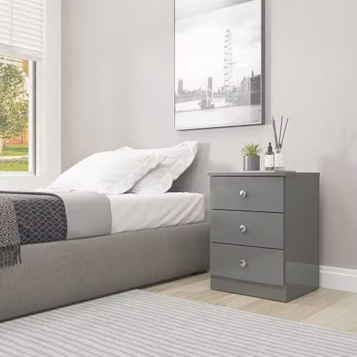 Seconique Denver 3 Drawer Bedside Cabinet in Grey Gloss, W: 36 cm, D: 40 cm, H: 55 cm – 1