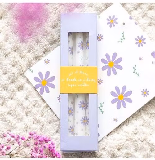 KDMD Set of 3 Purple Daisy Taper Candles in White