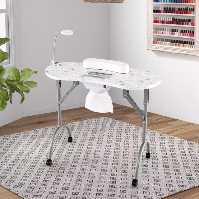 COSTWAY White Folding Manicure Nail Table with Rounded Rectangular Top