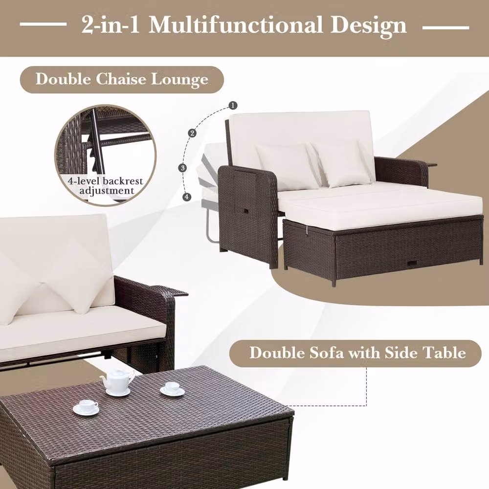 Costway White Polyrattan Patio Daybed Set with Loveseat Sofa, Ottoman and Side Tray – 9