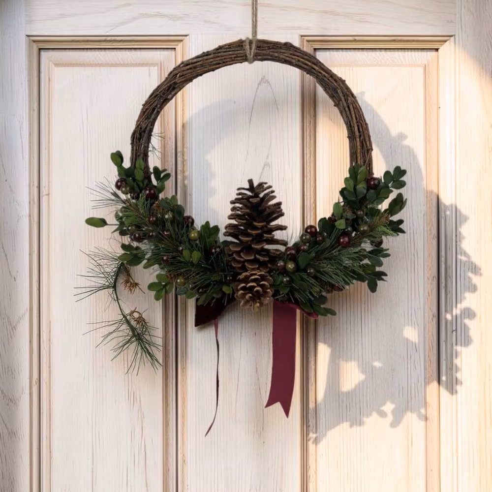 Four Candle Brown Rattan Pinecone and Berry Christmas Wreath with Bow, Diameter: 36 cm – 2