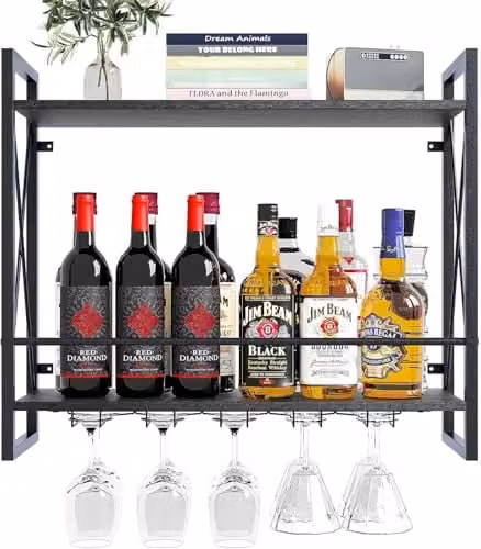 Huhote Wall Mounted 2 Tier Wine and Glass Rack with Industrial Iron Frame and Wood Shelving, Black