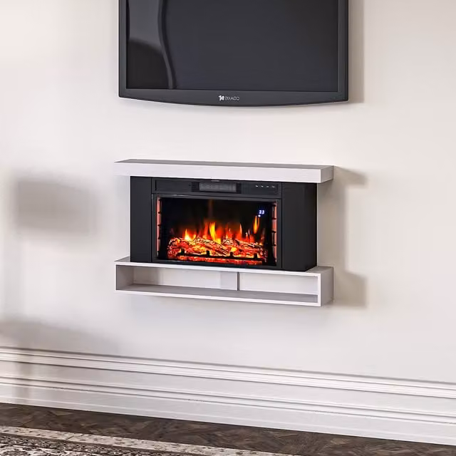 Livingandhome Modern Freestanding Electric Fireplace with Mantel in White and Black