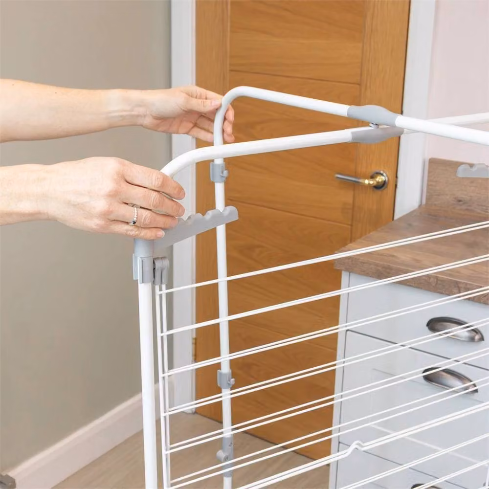 Nordara 3-Tier Foldable Drying Rack with Hooks and Wheels in White and Grey, H 135 x W 88 x D 28 cm – 2