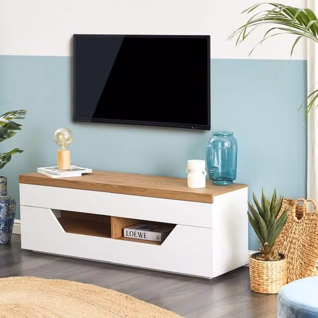 Wyld and Coco Scandi TV Stand in White and Light Wood with 4 Drawers and 2 Shelves – 1