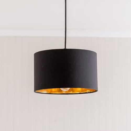 ValueLights Reni Small Fabric Drum Ceiling Lamp Shade in Black with Gold Inner, Width: 25 cm, Height: 15 cm – 7
