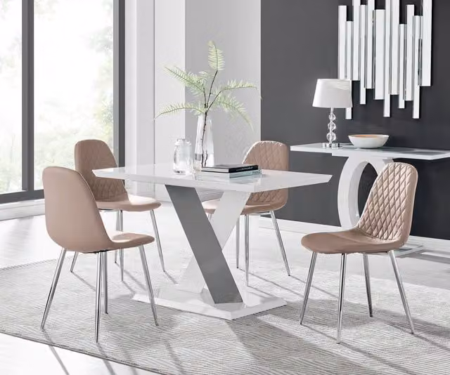 Furniturebox Monza White High Gloss Rectangular Dining Table with 4 Corona Silver Chairs in Yellow