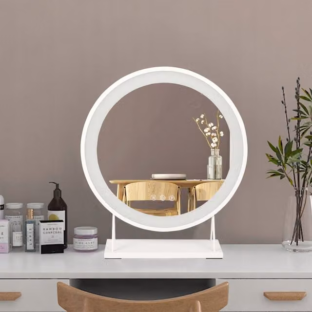 Livingandhome Round LED Dimmable Tabletop Vanity Mirror in White