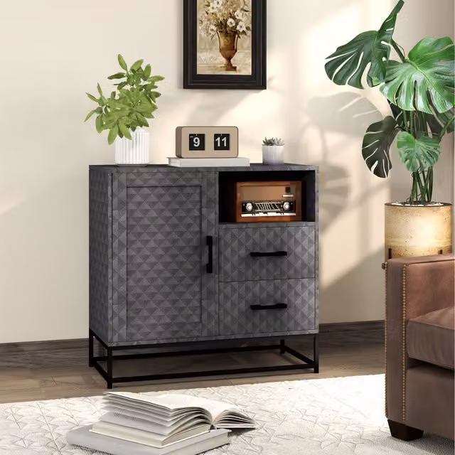 HOMCOM Modern Grey Sideboard Cabinet with Adjustable Shelf and Open Compartment