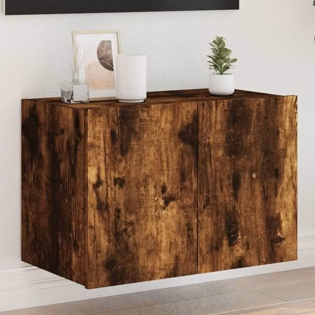Berkfield Home Modern Wall Mounted TV Cabinet with Integrated LED Lights in Smoked Oak Brown, W: 60 cm, D: 35 cm, H: 41 cm – 1