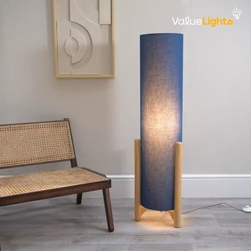 ValueLights Wooden Floor Lamp with Grey Fabric Cylinder Shade and LED Bulb – 3