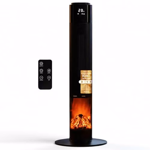 MONHOUSE Oscillating Tower Fan Heater with Fireplace, Black