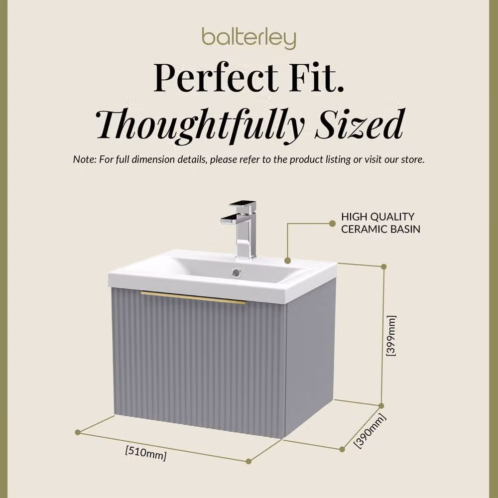 Balterley Front Wall Hung Single Drawer Vanity Basin Unit, Satin Grey, Width: 50 cm – 2