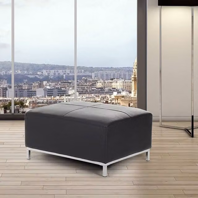 Wyld and Coco Luxor Black Genuine Leather Rectangular Ottoman Footstool