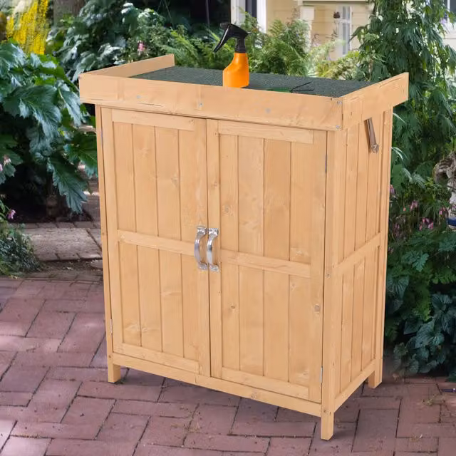 Outsunny Wood Outdoor Garden Storage Shed with Double Doors and Shelving in Brown and Beige