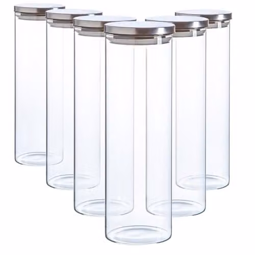 Argon Tableware Scandi Airtight Glass Storage Jars with Silver Metal Lids, 2 Litre, 6 Pack – 1