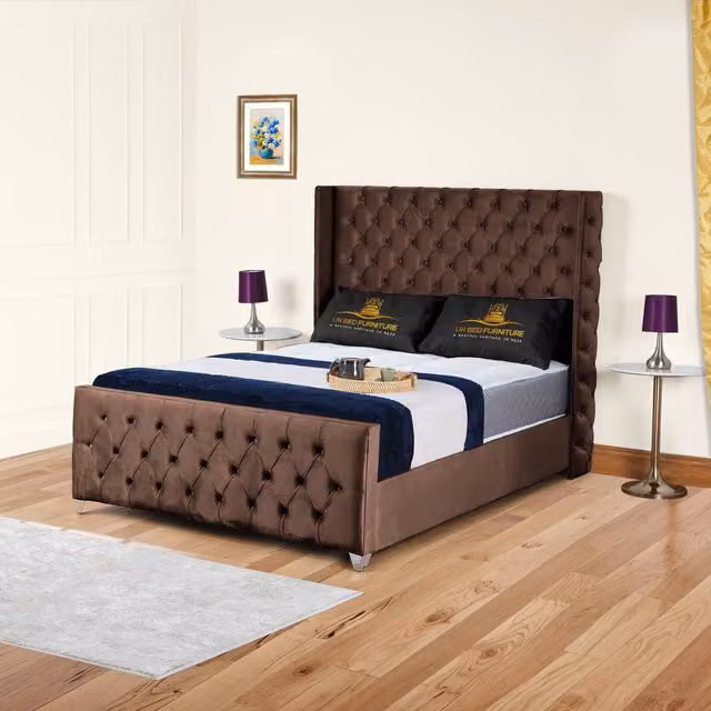 UK Bed Furniture Windsor Wingback Gas Lift Storage Upholstered Bed in Brown, Double (140 x 200 cm)