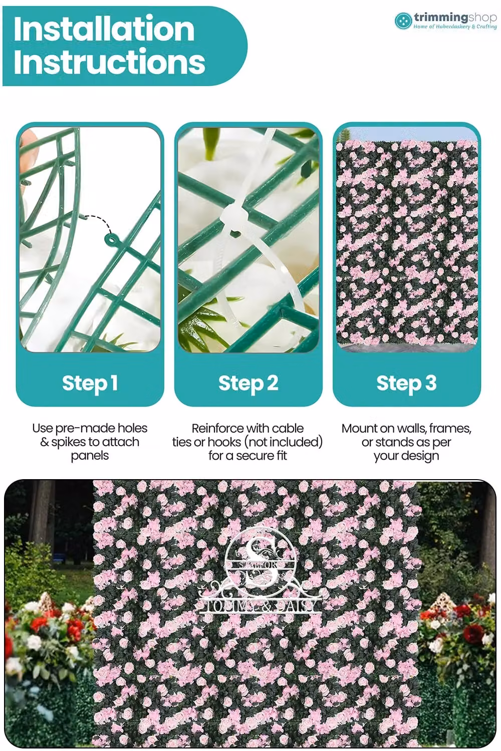 Neel Blue Hydrangea Artificial Floral Wall Panel in Blue and Light Pink for Wedding Decoration, W/D/H: 60 x 40 x 40 cm