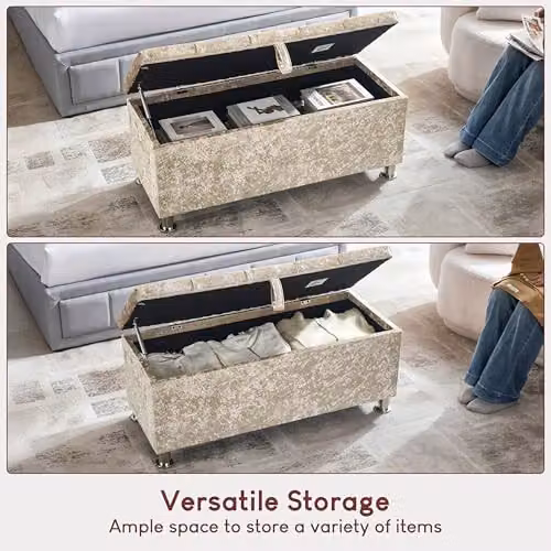 Vida Designs Valencia Fabric Storage Ottoman in Champagne Velvet, W/D/H: 100 x 40 x 44 cm – 3