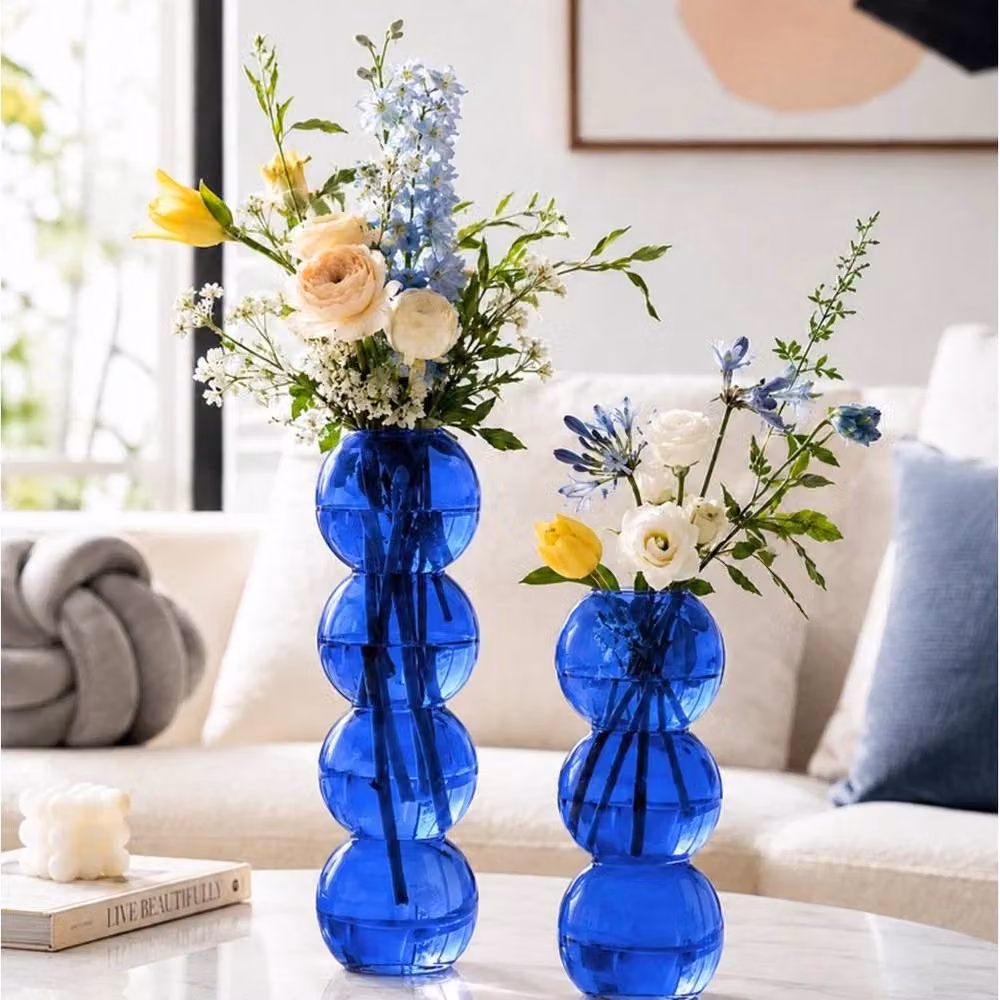 PAWNORA Set of 2 Blue Bubble Shaped Glass Vases for Tabletop Decor – 3