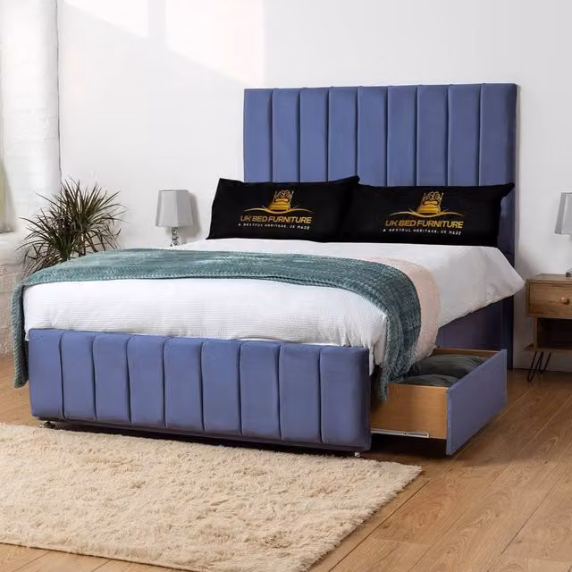 UK Bed Furniture Falcon Divan Bed with 4 Drawers and 26 Inch Headboard in Blue, Size: 180 x 200 cm – 1