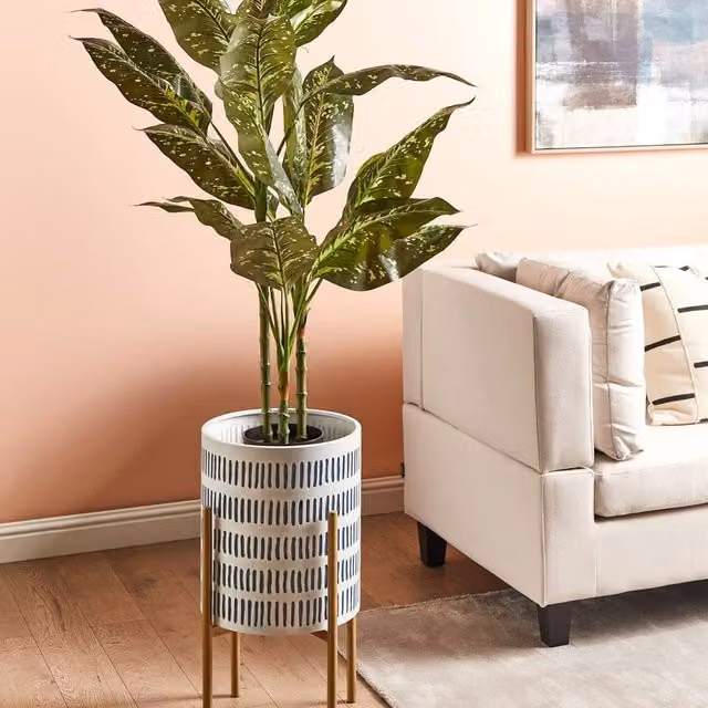 Wyld and Coco Metal Plant Stand in White, Blue and Gold, W/D/H: 31 x 31 x 58 cm