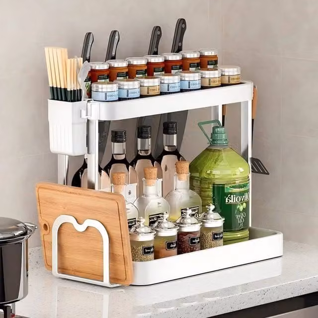 FORGEVIO White 2 Tier Metal Spice Rack Organiser with Chopping Board