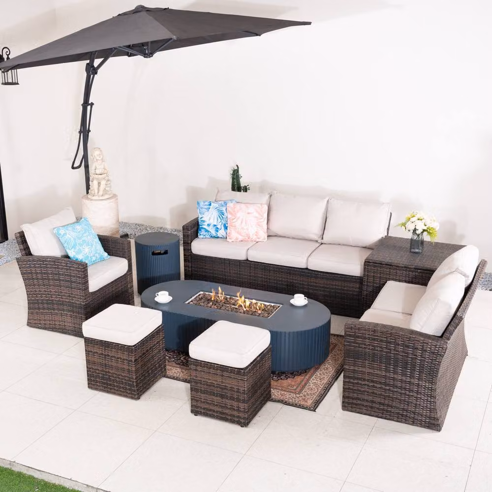 Direct Wicker 8-Seater Grey L-Shape Corner Sofa Set with Gas Fire Pit Table and Storage Box – 3