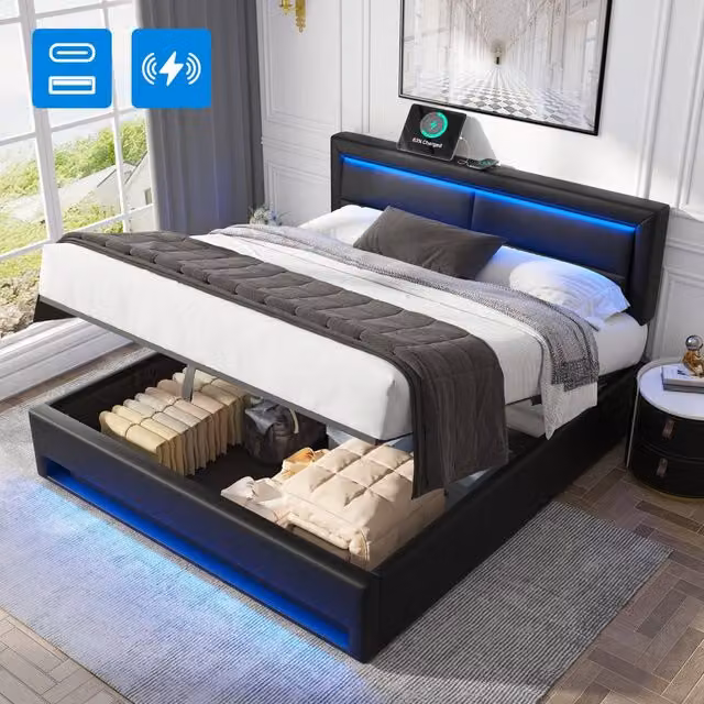 Matteo Super King Upholstered Bed with Storage, USB Charging Port and LED Lighting, Black PU Leather, W: 180 cm, D: 200 cm – 1