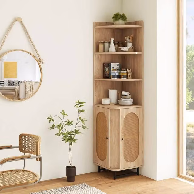 FORGEVIO Brown PE Rattan Corner Cabinet with Hinged Doors and Internal Shelves