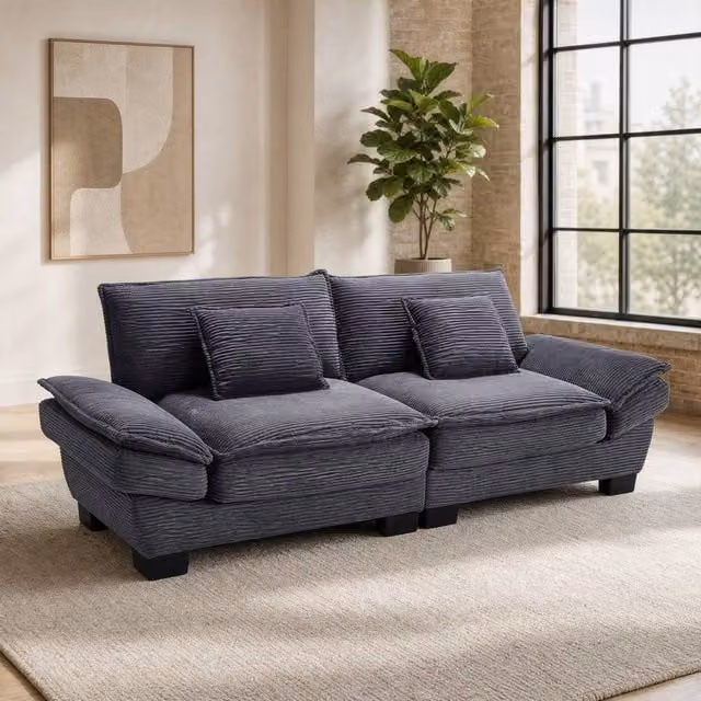 STILVORA 2 Seater Grey Corduroy Upholstered Sofa with Scatter Cushions – 1