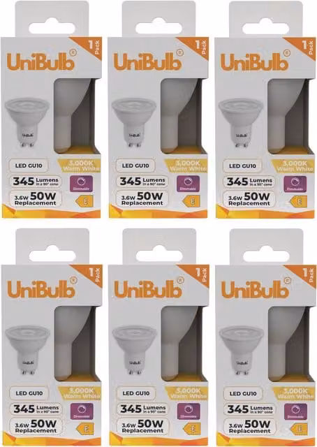 UniBulb LED GU10 Warm White 3000K Dimmable Spotlight Downlight Bulb, 3.6W (Replaces 50W)