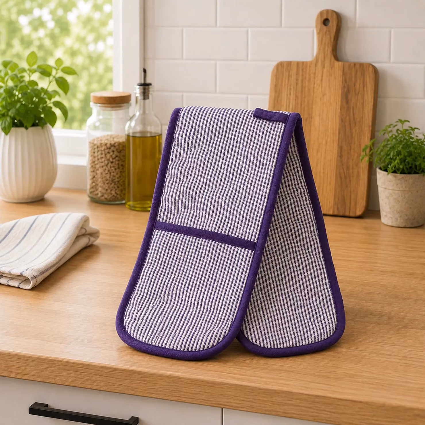 Gr8 Home Heat Resistant Double Oven Gloves in Purple Stripe – 2