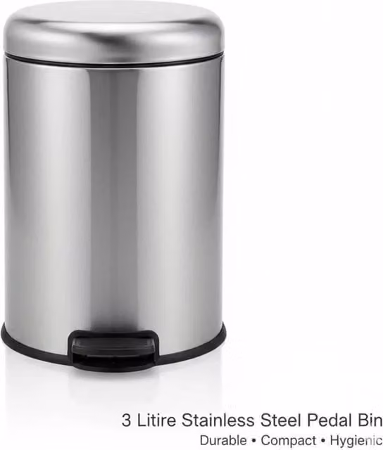 VOGREX 3L Round Stainless Steel Pedal Bin with Removable Inner Bucket in Silver