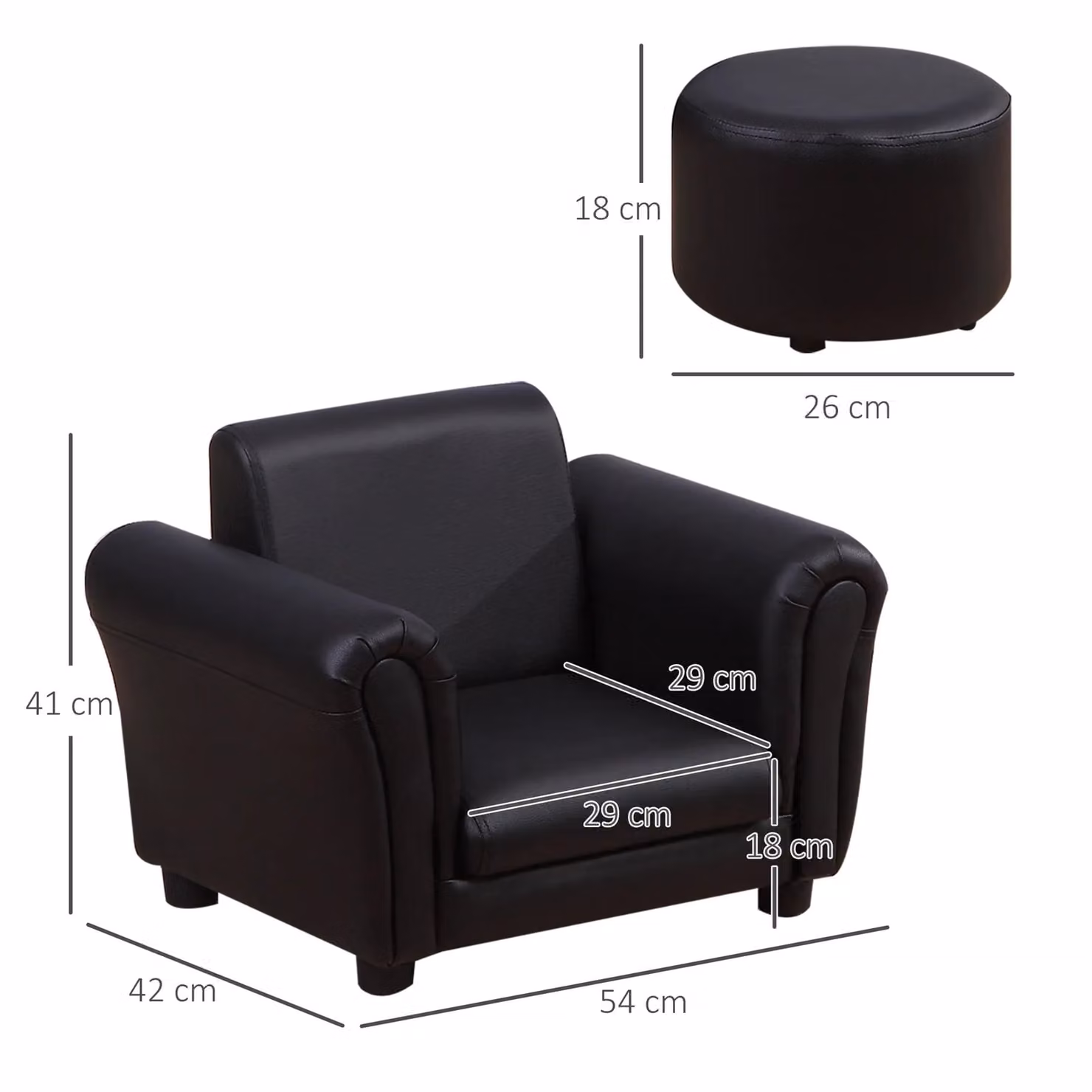 HOMCOM Kids Sofa Set with Footstool in Black Synthetic Leather – 3