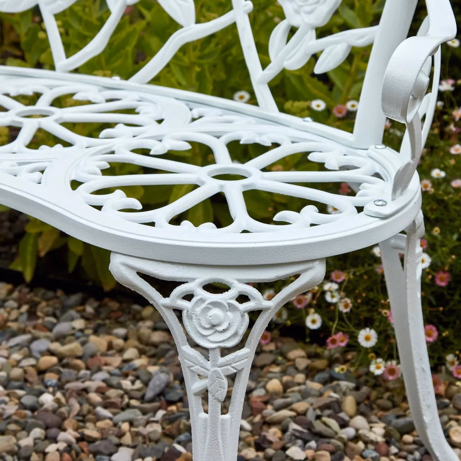 Home Source Cast Aluminium 2 Seater Garden Bench with Floral Metal Frame in White – 3