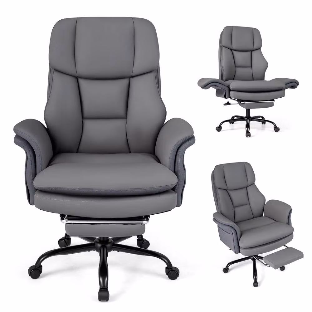 Gymax Grey Leather Executive Office Chair with Headrest and Armrests – 5