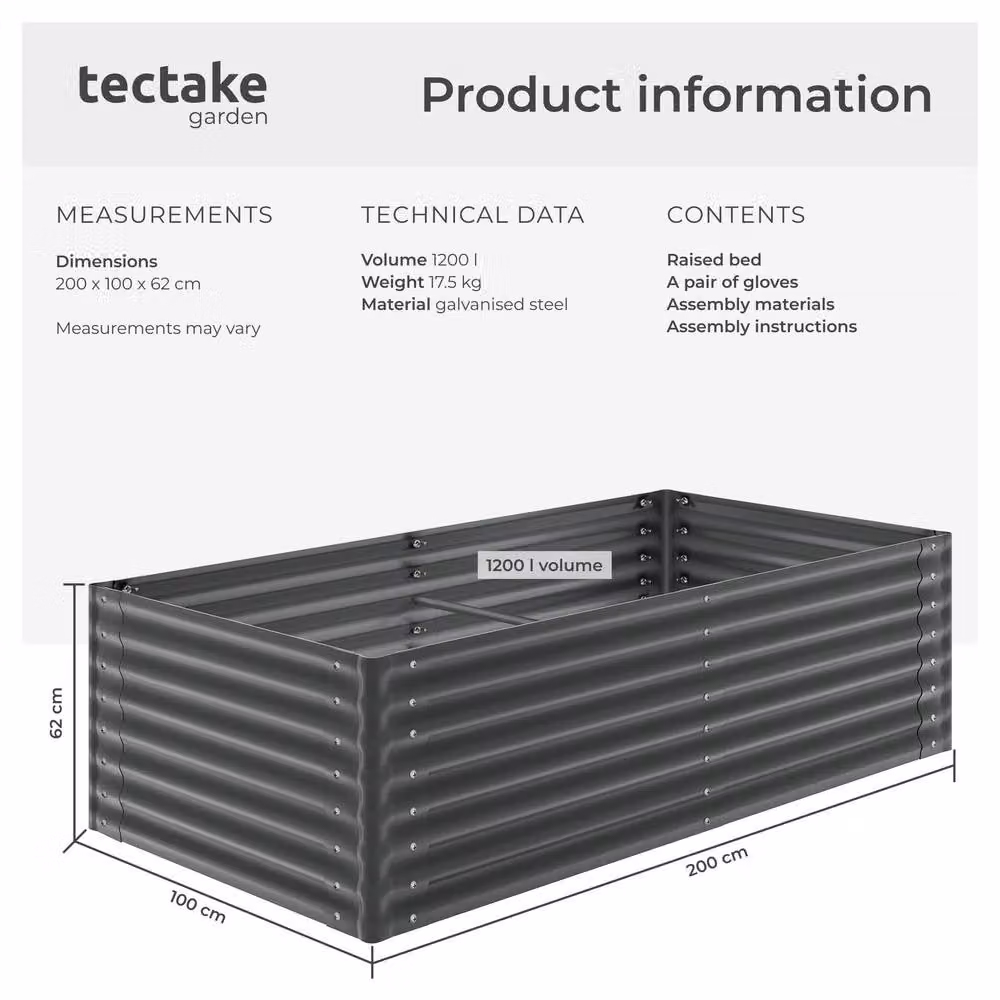tectake Blomma Raised Garden Bed in Grey Galvanised Steel, W: 200 cm, D: 100 cm, H: 62 cm – 6