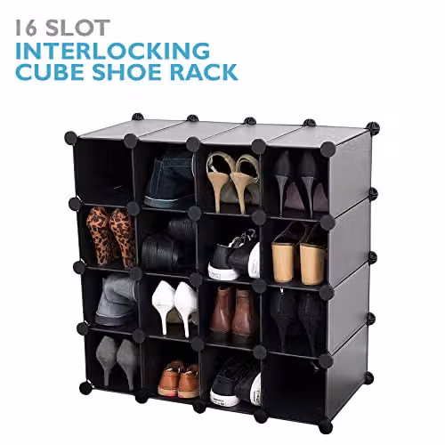 AMOS 16 Pair Interlocking Cube Shoe Storage Rack Organiser with Back Panels in Black – 3