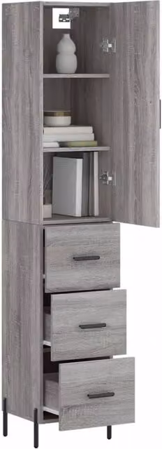 Berkfield Home Grey Sonoma Highboard with Hinged Doors and Internal Shelves, W/D/H: 34.5 x 34.0 x 180.0 cm