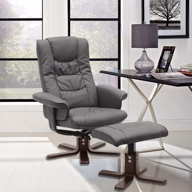 Livingandhome Grey PU Leather Swivel Recliner Chair with Footstool